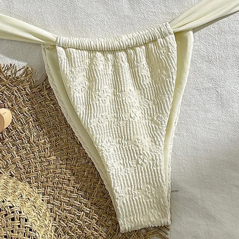 Sexy sólido bege com nervuras conjuntos de biquínis duas peças halter gravata tanga biquíni maiô praia outfits biquini tankini