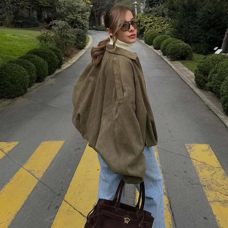 MUJER Faux Suede Bomber Jackets for Women Zip Padded Varsity Jackets Woman Oversized Jacket Women New Outerwears Women's Coats
