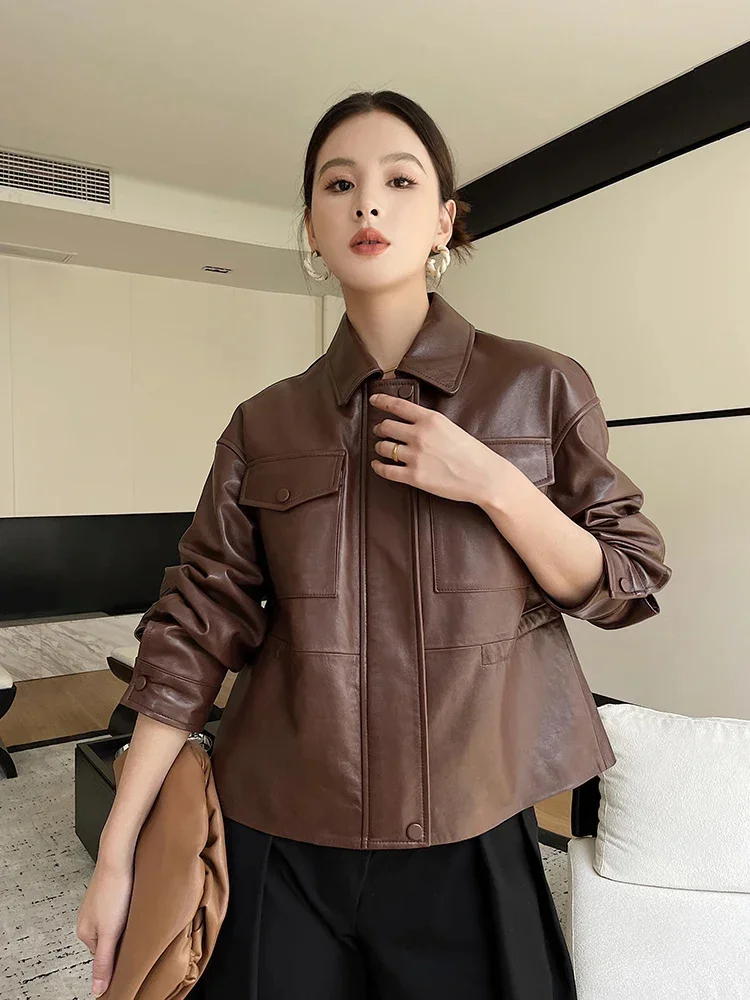 Casual Simple Women's Sheepskin Coat Autumn Winter 2024 Trend High-end Slim Zipper Short Motorcycle Genuine Leather Jacket