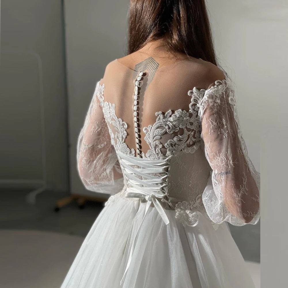 DREAM Customized Elegant Long Puff Sleeves Tulle Lace Wedding Dress 2024 Sheer Neck Lace-Up Ball Gown Princess Bridal Gown