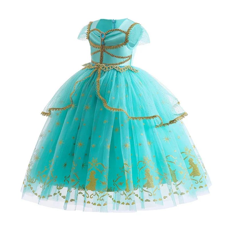 WU01 Jasmine Dress Girl Live Action Movie Aladdin Princess Cosplay Costume Deluxe Lace Sequin Fluffy Gown Kids Birthday ParJk5*！