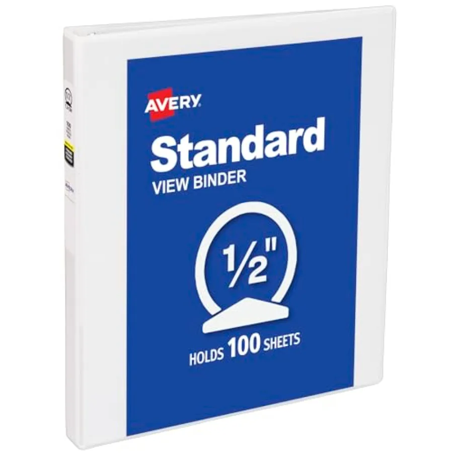

Standard View 3 Ring Binder, 0.5" Round Rings, 100-Sheet Capacity, 0.7 Inch Wide Spine, 1 White Binder, Ideal for Lightweight O