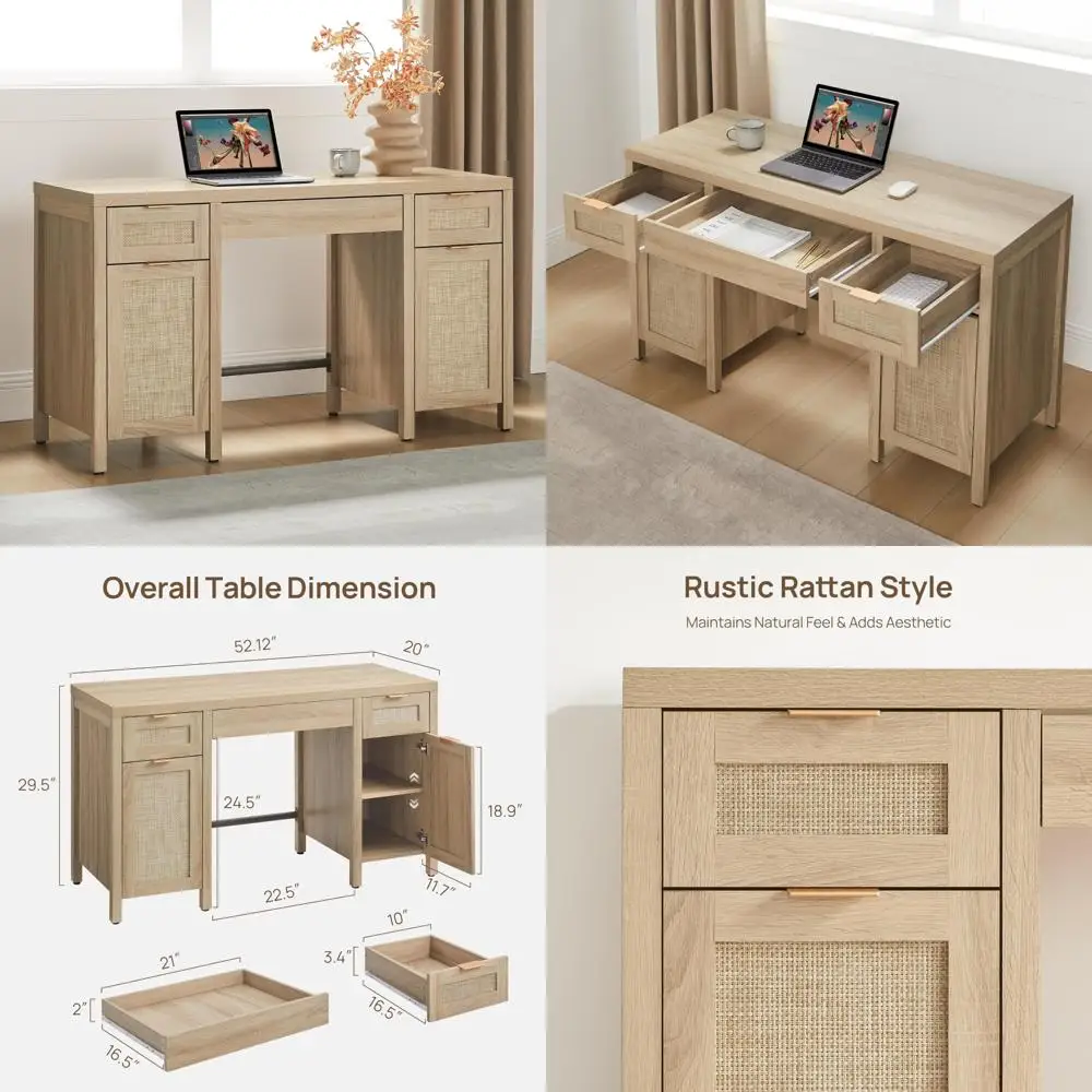 Large 52 Farmhouse Style Rattan Home Office Desk with Storage - 3 Drawers, 2 Cabinets, Boho Computer Table