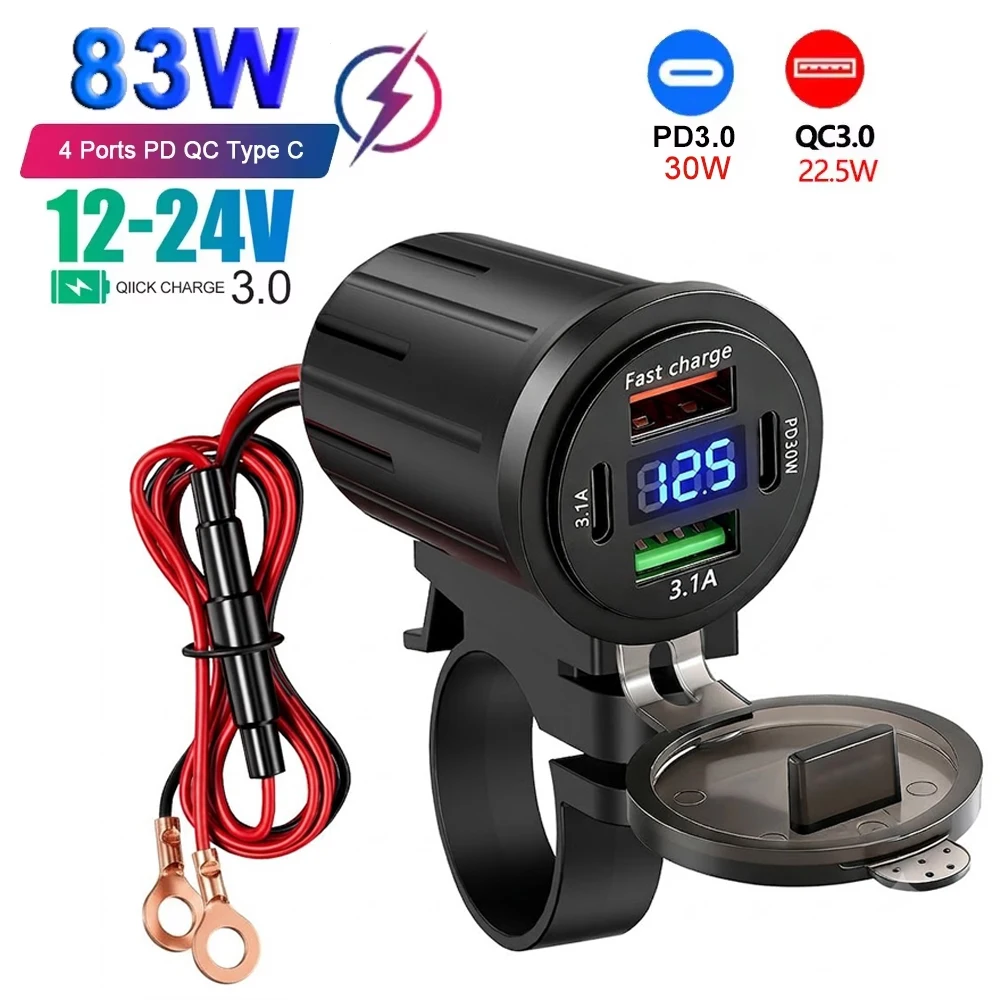 3.1A PD QC3.0 Motorcycle Phone Charger Handlebar Dual USB Socket 83W Waterproof 12V Power Supply Adapter with Switch Voltmeter