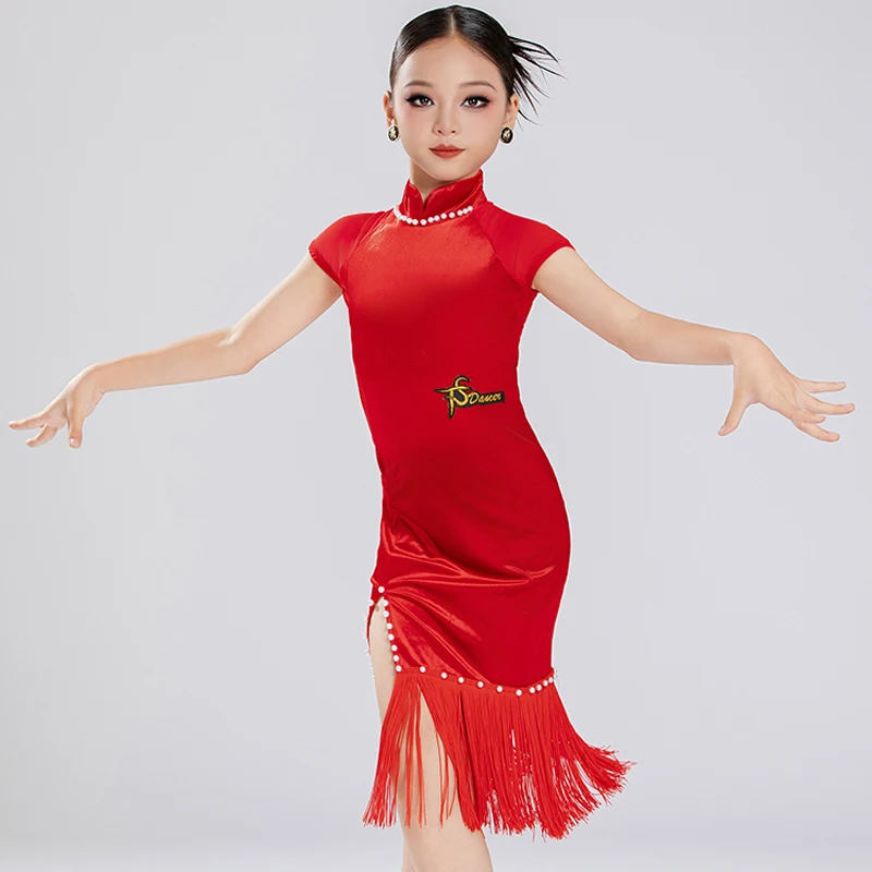 Crianças estilo chinês dança latina franjas vestido meninas vermelho vestidos de competição de dança latina crianças dança de salão wear sl13968