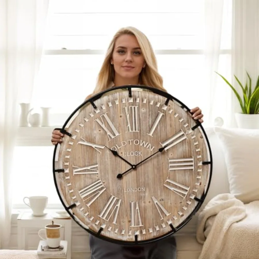 30 Inch Extra Large Wall Clock for Living Room, Kitchen, Office Bedroom - Rustic Wood Metal, Brown Black, Silent Non-Ticking Ba