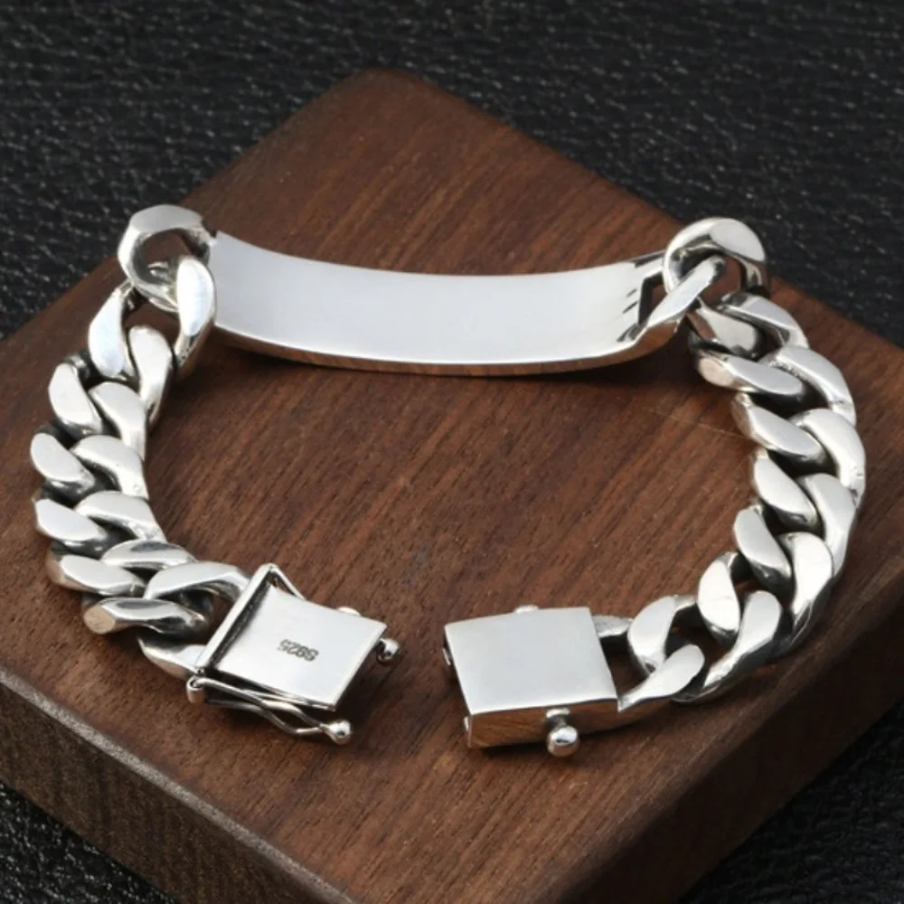 Real Solid 925 Sterling Silver Chain Men Lucky Cuban Curb Link ID Bracelet 64.9g/20cm