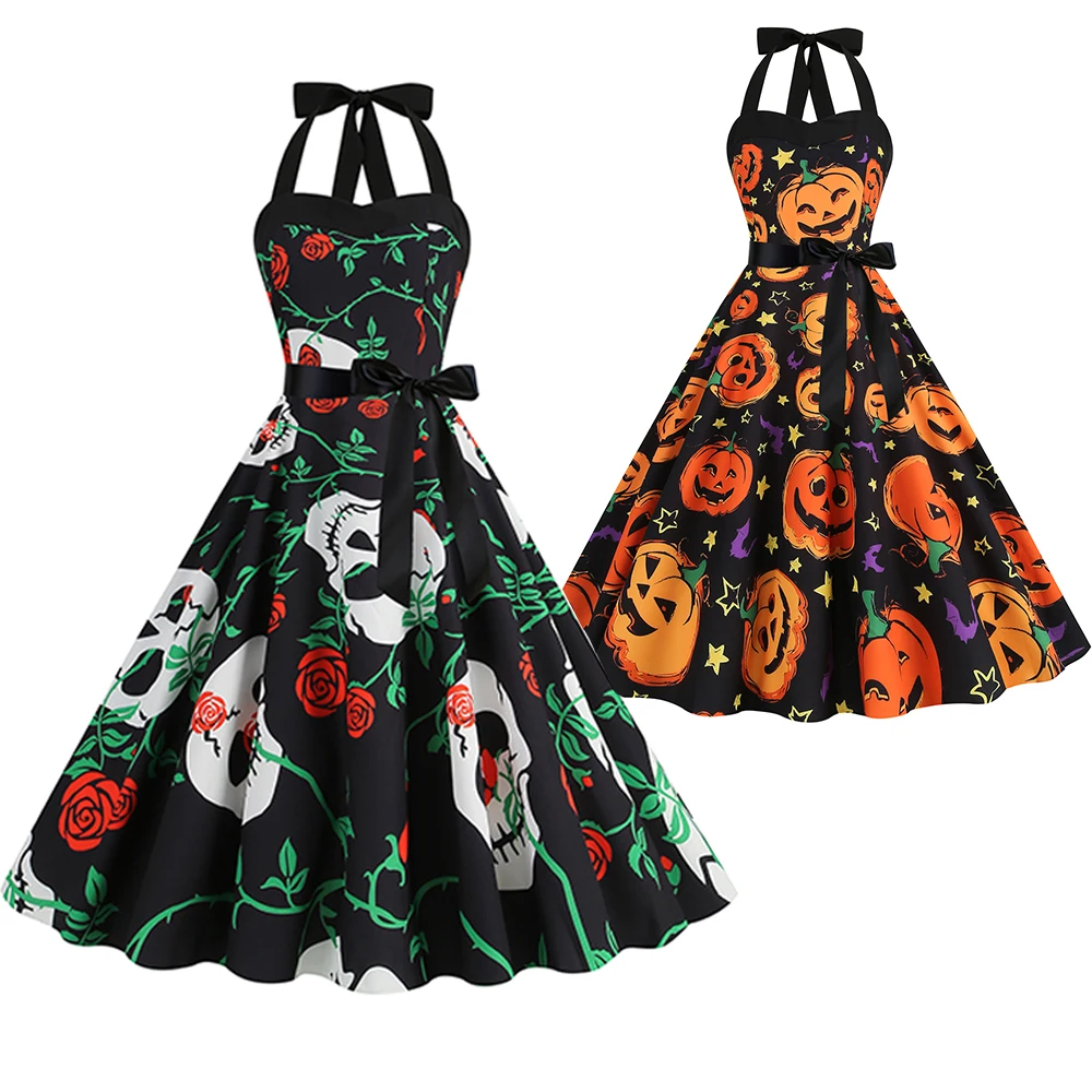 Винтажные женские платья в стиле Хепберн, элегантные вечерние длинные платья для выпускного вечера с тыквой и черепом на шее, с лямкой на шее и талией