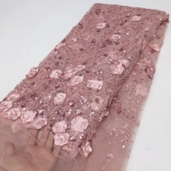 High quality African Sequins Beads Lace Fabric 2024 5 Yards High Quality French Mesh Tulle Embroidery Wedding Bridal Lace