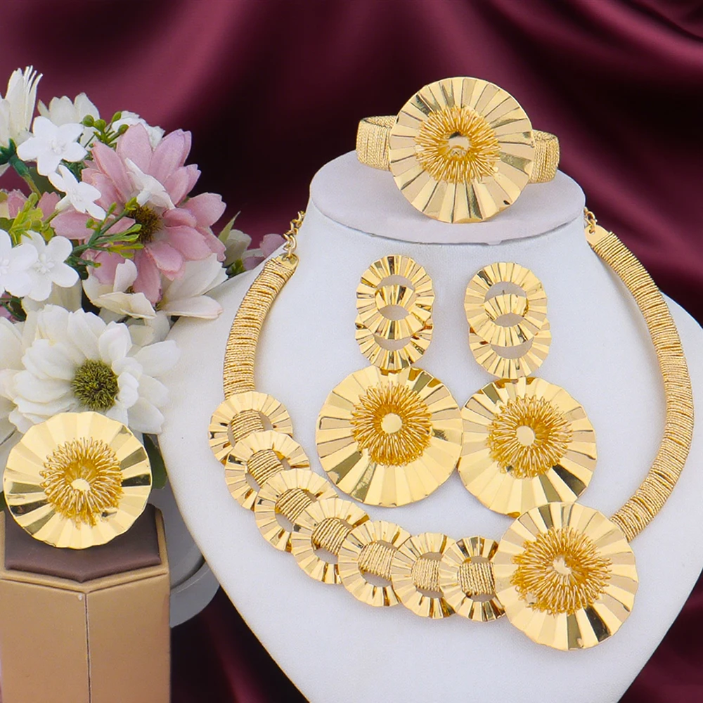 

Nigerian Luxury Jewelery Sets for Women Dubai India Bridal Necklace Earrings Ring Bracelet Gold Plated Wedding Party Gift Set