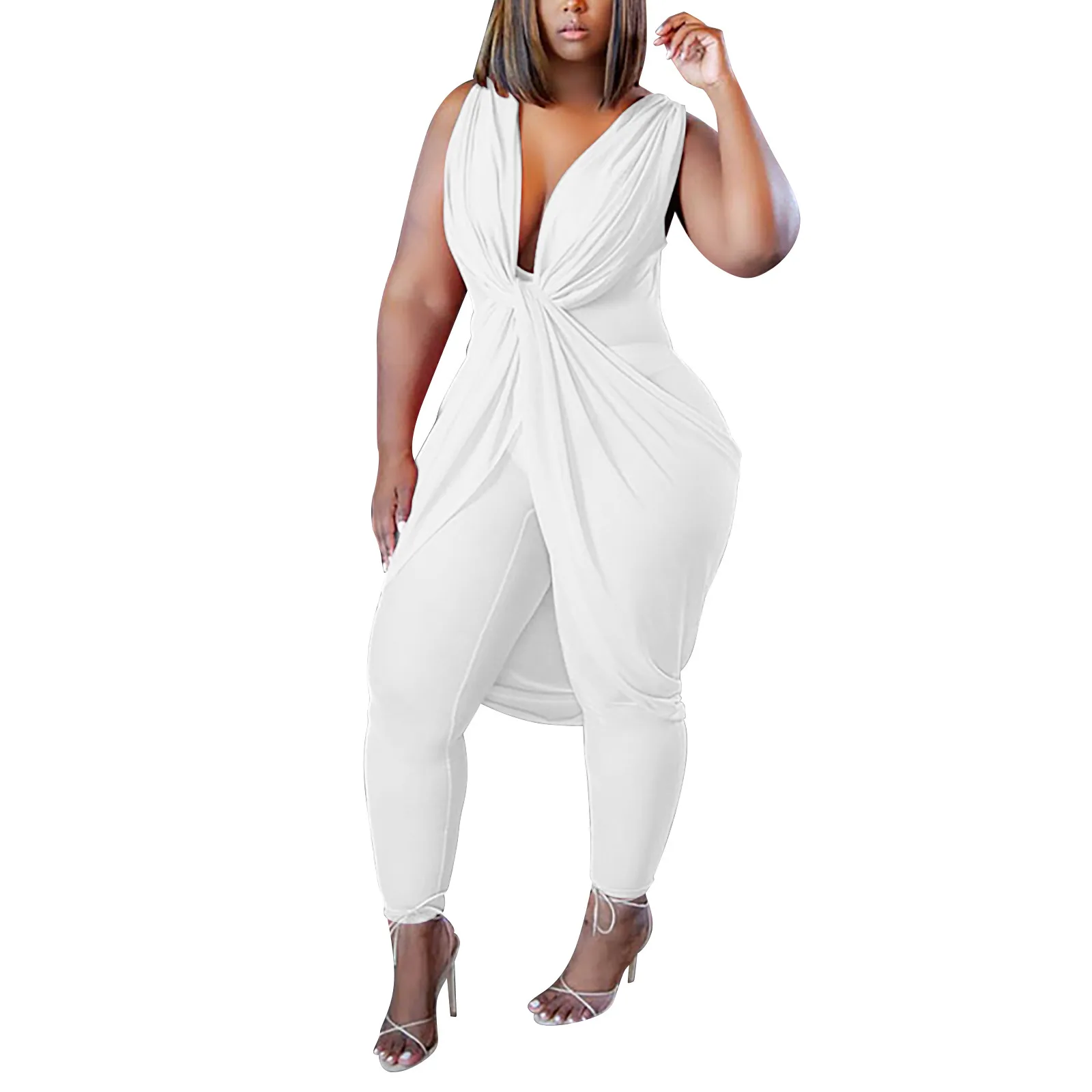 Women's Solid Colour V-Neck Temperament Commuter Jumpsuit Sleeveless Ruched Kink White Jumpsuits Spring Summer Ladies Romper