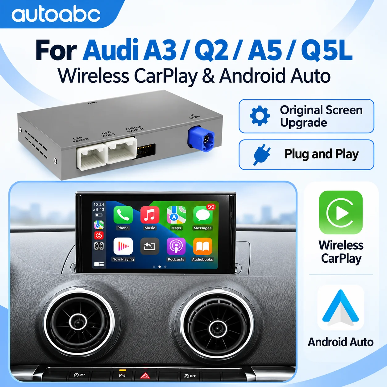 Bezprzewodowy moduł Carplay do Audi A3 Q2 A5 Q5L 2013-2018 MIB MIB2 Mirror Link AirPlay Nawigacja GPS Bluetooth Funkcje kamery cofania