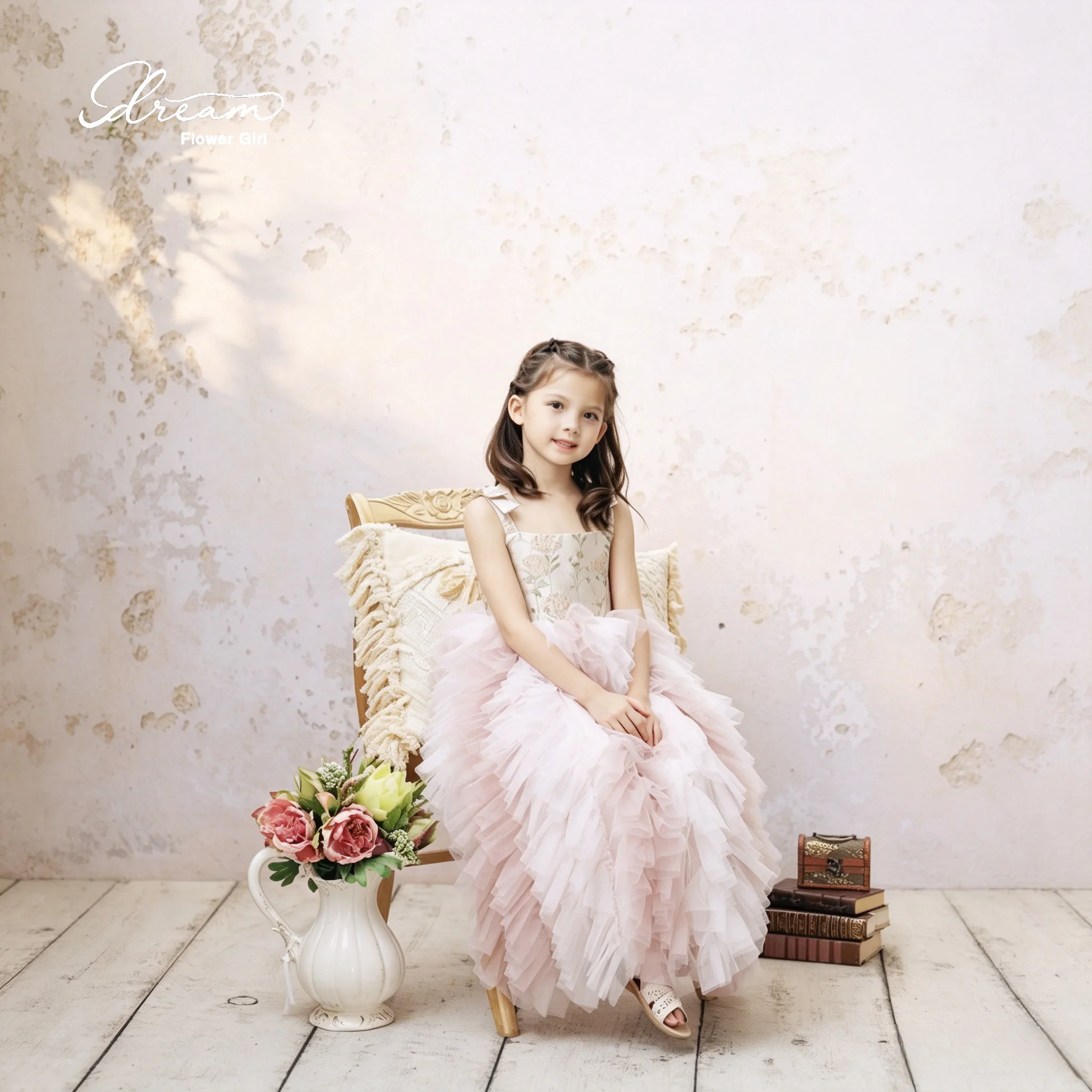 Pink Vintage Floral Print Strap Cascading Ruffle Tulle Flower Girl Gown Toddler Baptism Wedding Birthday Long Princess Dress