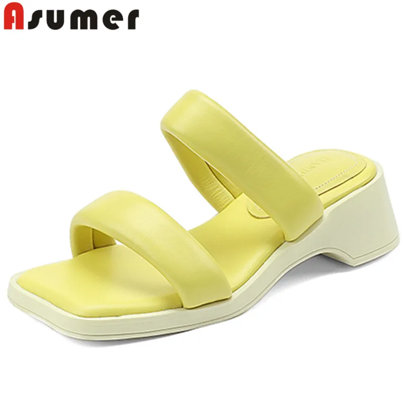 

ASUMER 2022 New Shallow Genuine Leather Simple Women Slippers Thick Med Heels Slippers Ladies Summer Casual Shoes