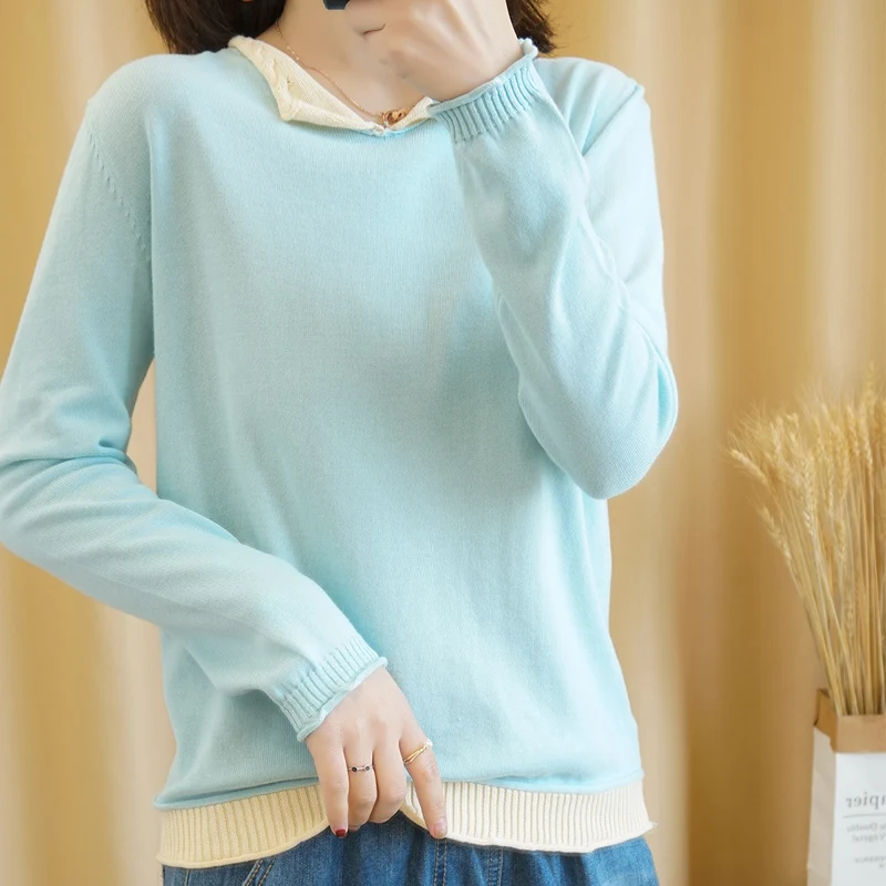 Women's Pullovers Autumn/Spring New 100% Cotton Sweaters Casual Patchwork Knitwear Ladies' Tops Loose V-Neck Basics Blouse