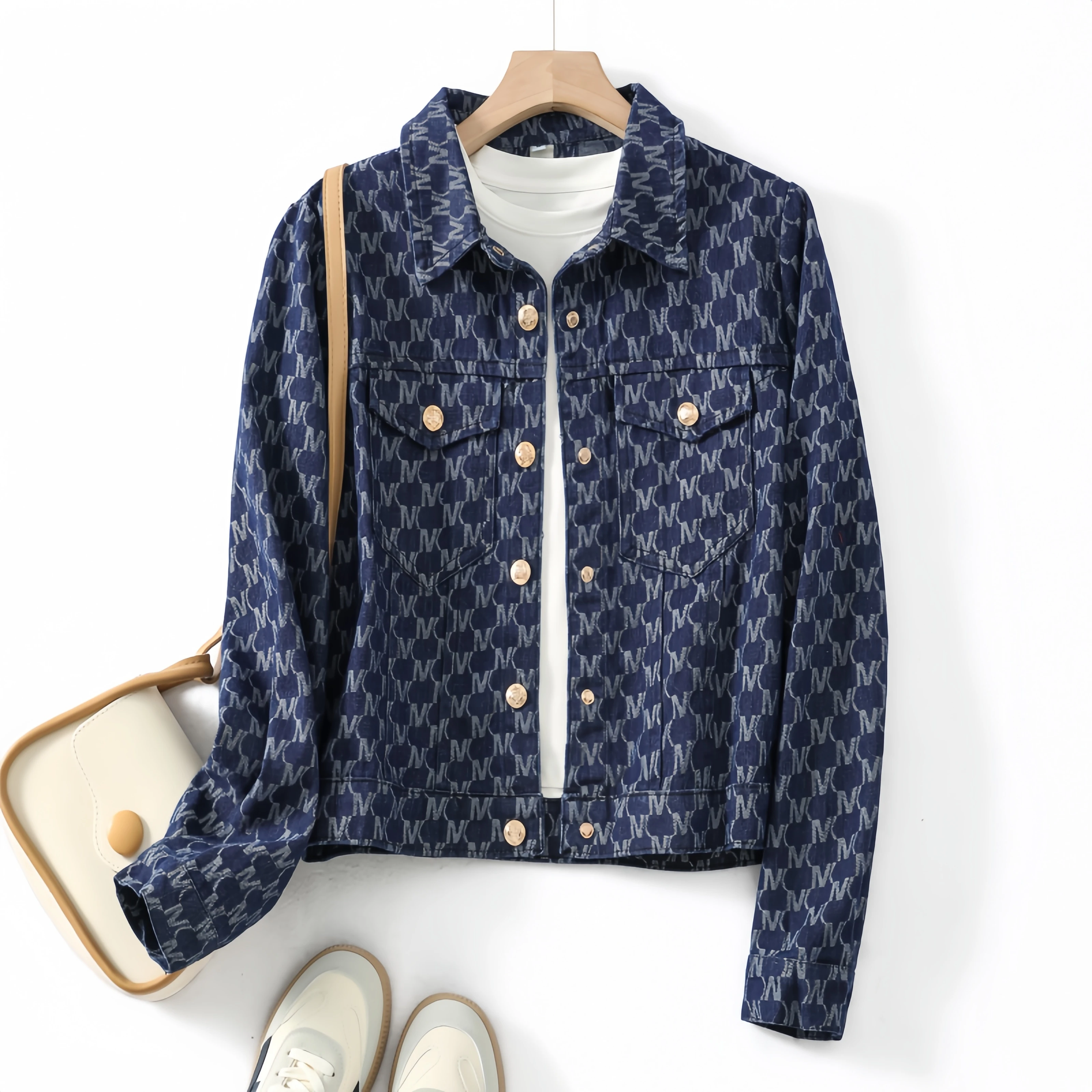 Oule Buckle Tagless Letter Denim Jacket Autumn New Simple Turn Collar Long Sleeve Versatile Pocket Outerwear for Women