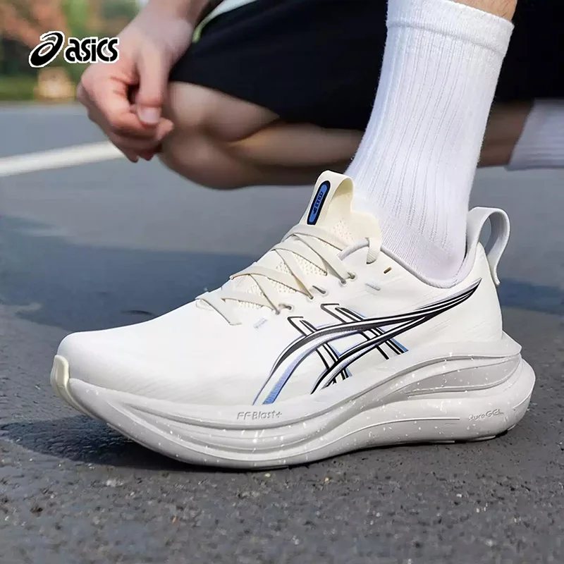 Asics  Men GEL-NIMBUS 27 Off White Light Blue Breathable Mesh Cushion Marathon Running Shoes 1011C266-100