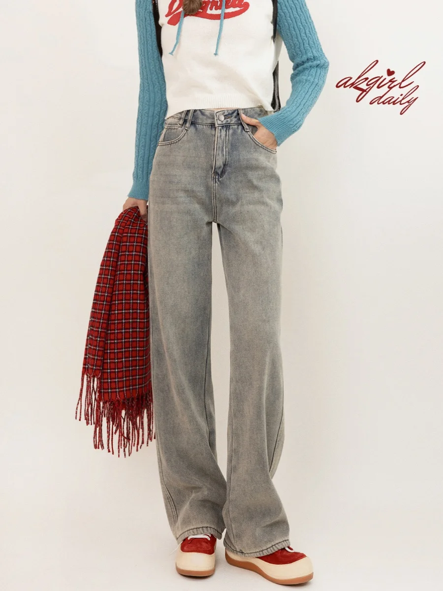 

New AKSTUDIO Fce Lined Thiened Vintage Straight Leg Wide Leg Jeans Dragging Pants High Waist Winter Blue Denim Women's