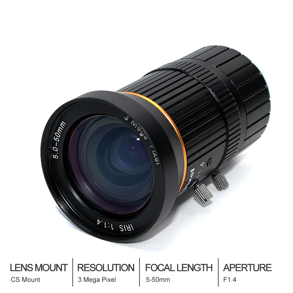 T44C_1/2.5 inch 3MP 5-50mm C-Mount Zoom Lens for IMX477 Raspberry Pi HQ Camera, with C-CS Adapter