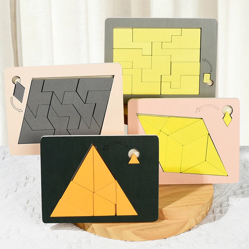 Wooden Puzzle Blocks Geometric Tangram Brain Teasers Jigsaw 3d Logic Iq Game Colorful Shape Pattern Educational Toys Gift