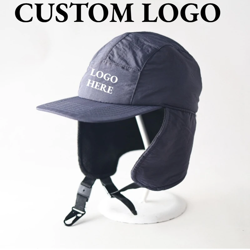 Custom Print Logo Outdoor Quick Drying Ear Protection Flat Brim Baseball Cap for Unisex Winter Fleece Cycling Warm Bomber Hats