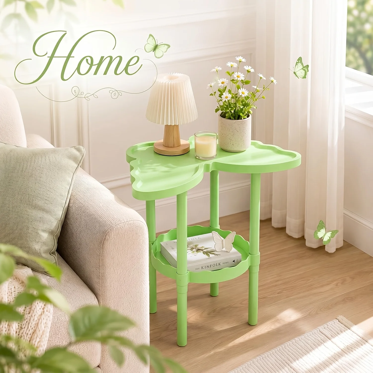 Butterfly Shaped 2-Tier Side Table, Double Storage Nightstand, Portable Assembly End Table, Curved Small Coffee Side Desk For Bedroom Living Room Balcony Garden Poolside image 4