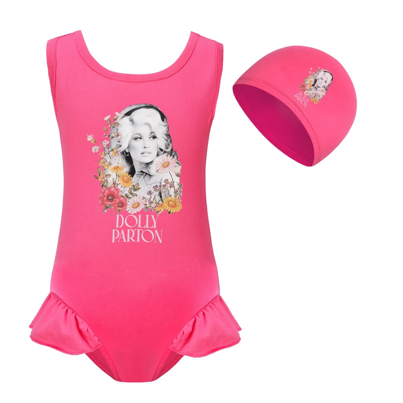 Country Music Dolly Parton Swimwear Kids Backless One-Piece Swimsuit + Cap 2-14 Years Old Girls Summer Beach Vacation Outfits