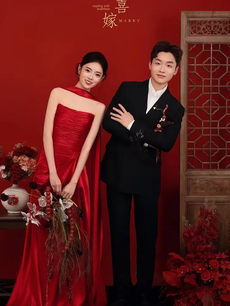 

Elegant Red Chinese Style Wedding Dress for Women Engagement Party Dresses Sexy Strapless Female Clothing