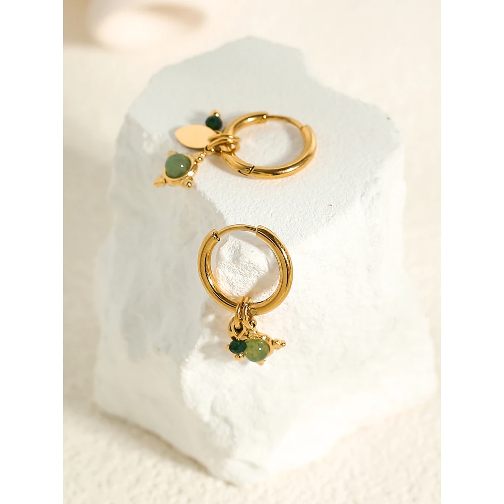 YACHAN 18K Gold Plated Stainless Steel Hoop Earrings for Women Luxury Green Natural Stone Charms Aesthetic Jewelry