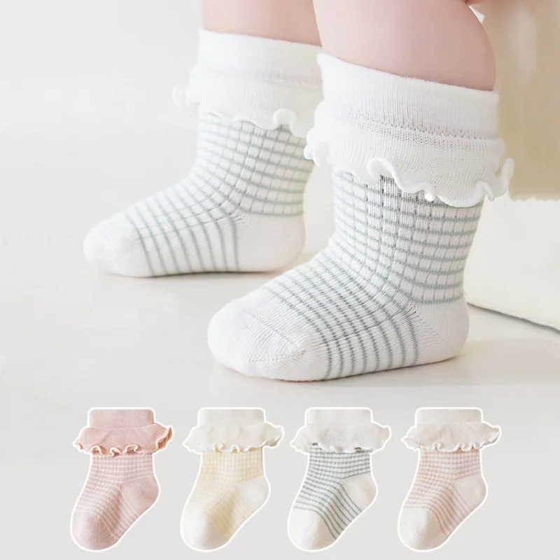 

Spring Autumn Baby Socks Newborn Cotton Boneless Socks For Girls Infant Toddler Fashion Stripes Fungus Edge Lace Princess Socks