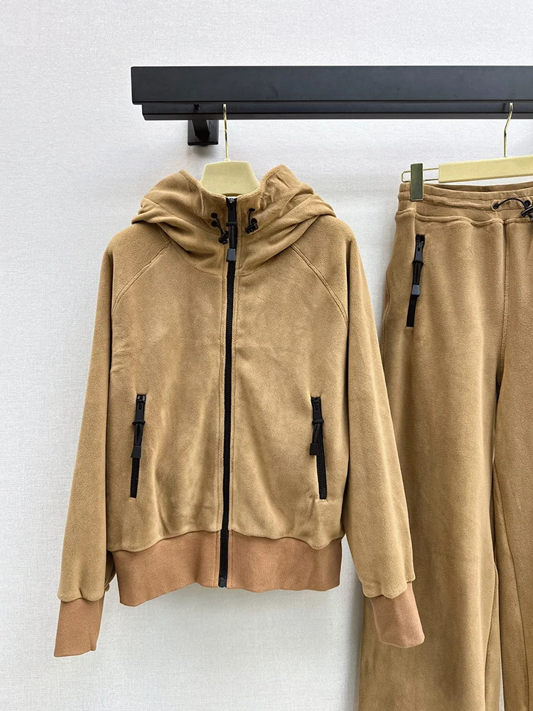 Spring Autumn Fashion Light Brown Simplicity Casual Wide Leg Pants Suit Women's Hooded Loose Jacket + Drawstring Waist Trousers