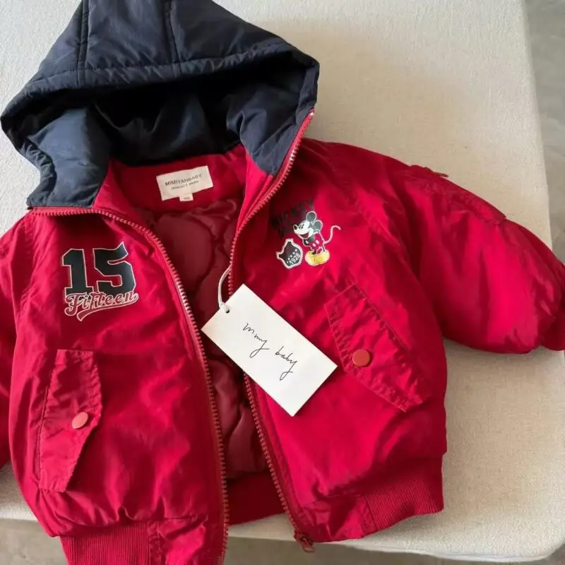 

Зимняя утепленная куртка для детей, для мальчиков и девочек, с мультяшным принтом мыши, на молнии, с капюшоном, на хлопковой подкладке, детская одежда, верхняя одежда