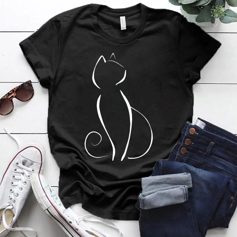 Funny Cat Line Print T-shrits For Women Summer Short Sleeve Round Neck Cute Loose T-shirt Creative Personalized Tops