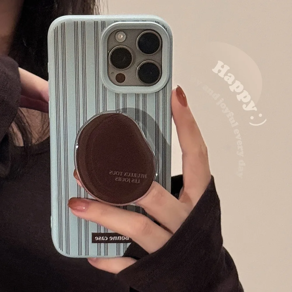 Retro Blue Phone Case Brown Vertical Stripes Cover Case For iPhone 12 13 14 15 16 17 Pro Max Plus with Coffee Bean Holder