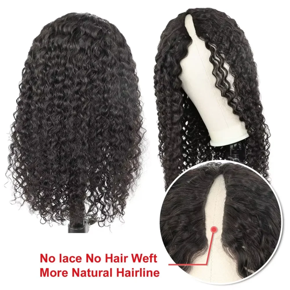 V Part Wig Kinky Curly Brazilian 32inch Human Hair Upgraded Natural Color Deep Wave Wig Full Machine Made Black Wigs For Women