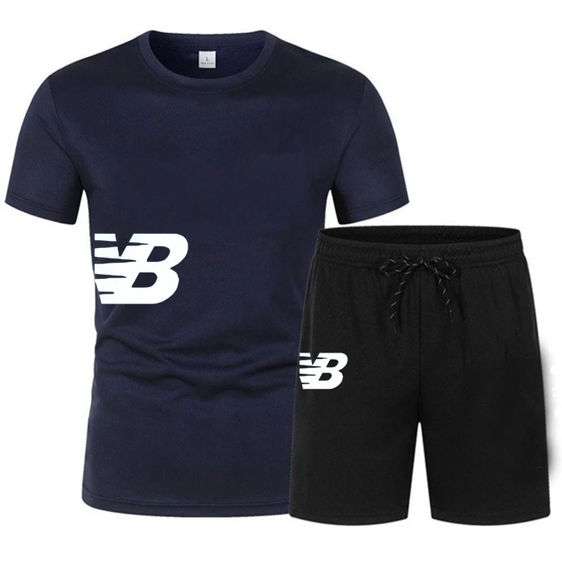 

Men's T-shirt+shorts 2-piece casual breathing short sleeved sports jogging gym brand printed clothing