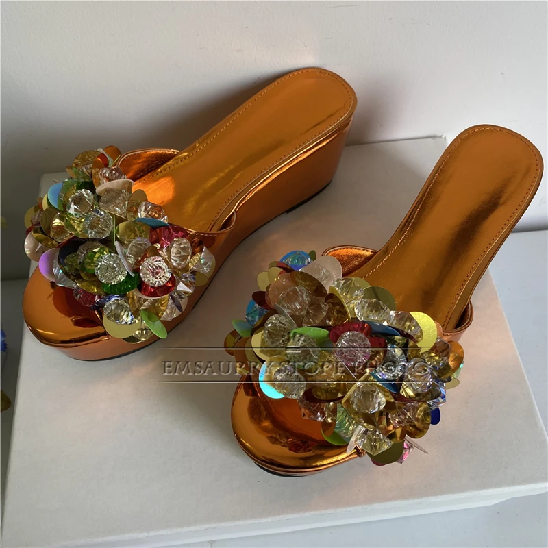 Beads Crystal Flower Decor Sandals Women High Platform Wedges Patent Leather Slingbacks Summer Mules For Girls