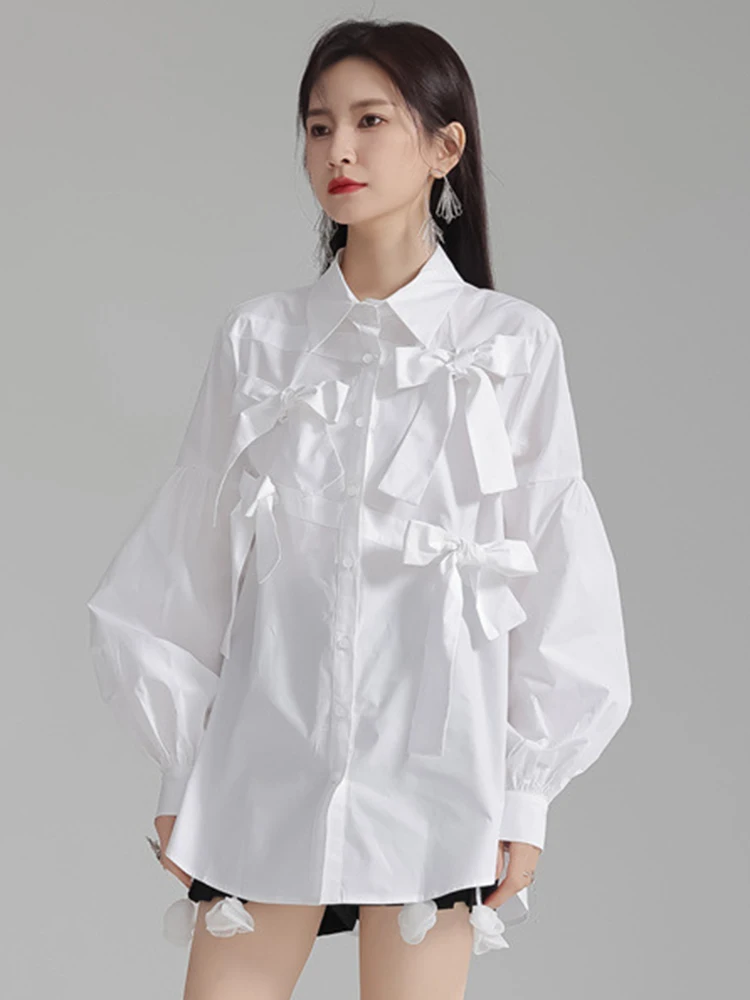 [EAM] Women White Bow Spliced Big Size Elegant Blouse New Lapel Long Sleeve Shirt Fashion Tide Spring Autumn 2024 1DH5705