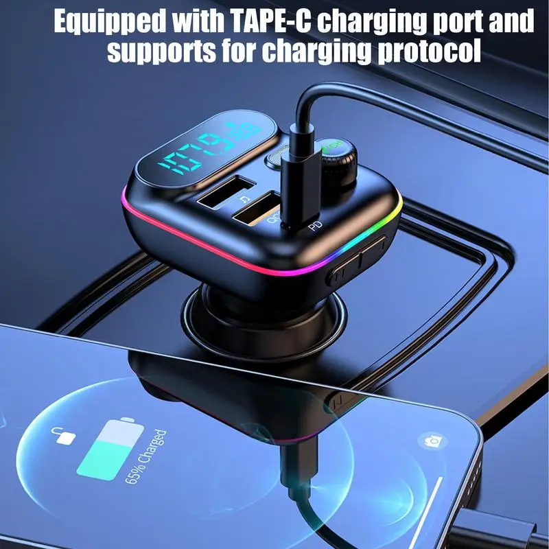 調整可能なLEDアンビエントライト付きカーチャージャーアダプター、車両急速充電、自動充電アダプター、mp3プレーヤー、fm