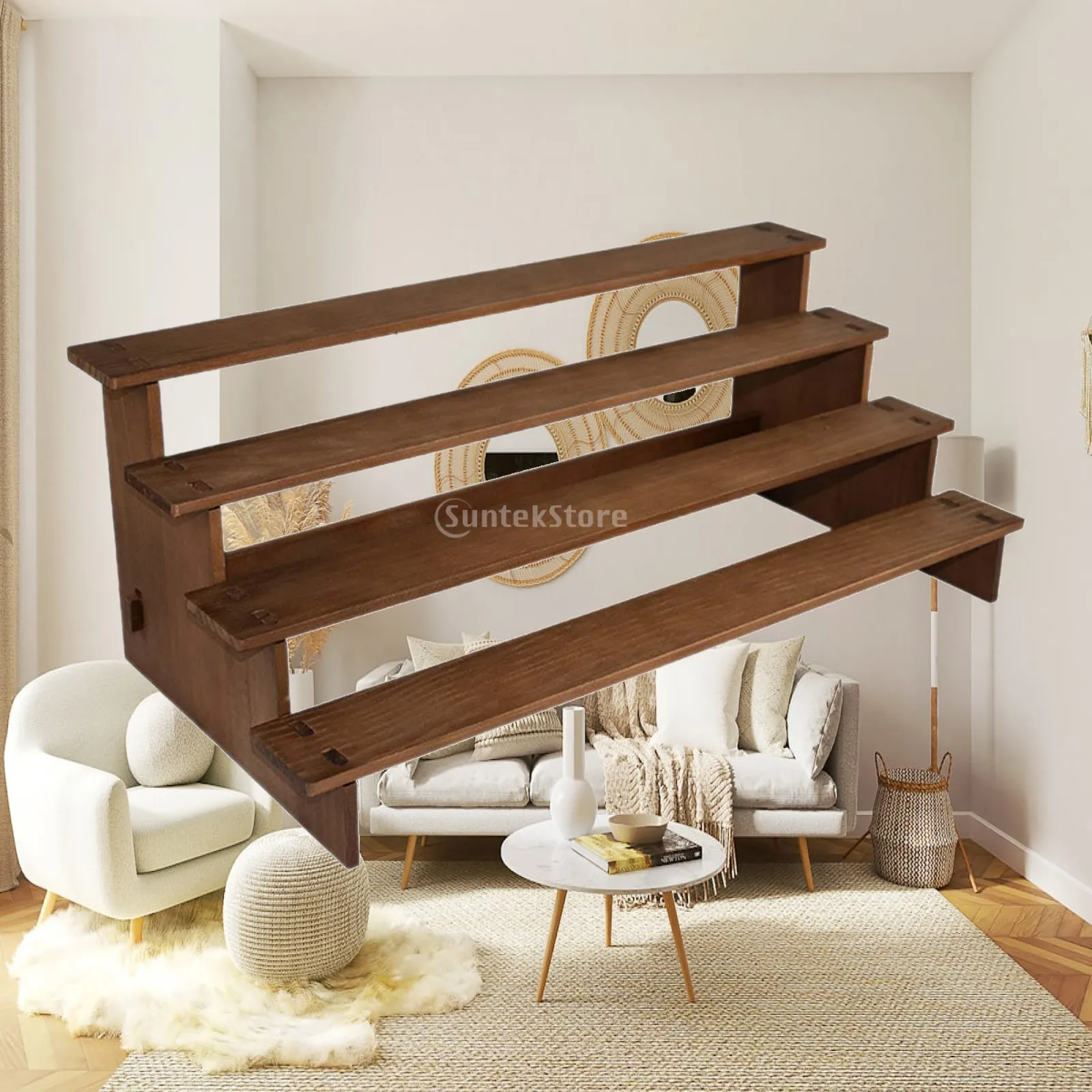 4 Step Wood Display Shelf Jewelry Organizer Stand for Earring Ring Necklace Bracelet Holder Portable Countertop Showcase