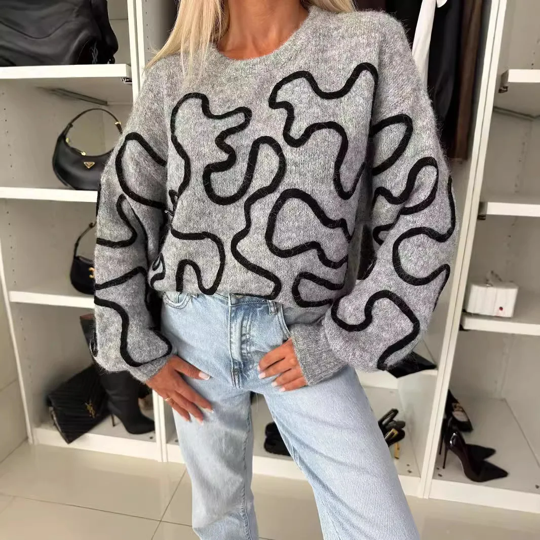 Pull Femme 2024 Korean New Sweater Women O Neck Spliced  Irregularly Geometric Motifs Knitted Top Loose Casual Pullover CR3252