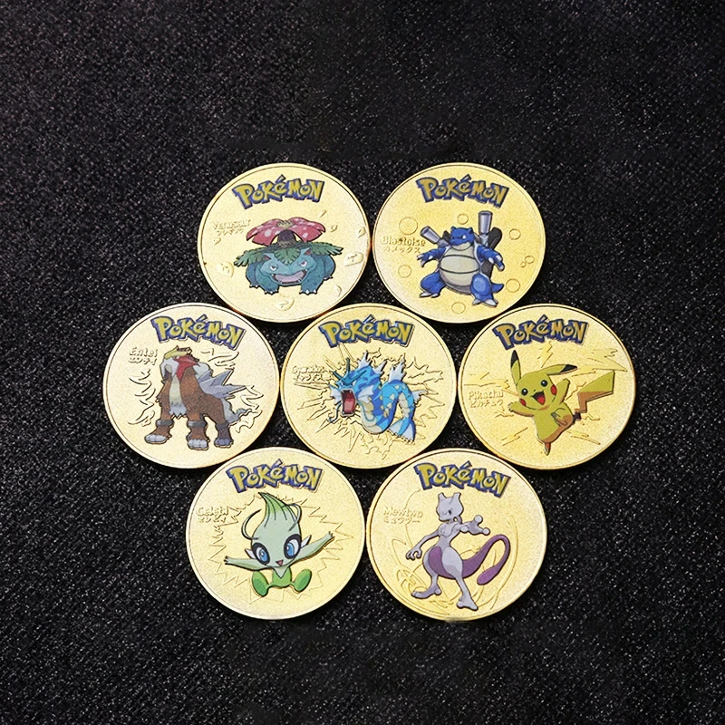 عملات البوكيمون الذهبية المعدنية Mewtwo عملات أنيمي عملة تذكارية Charizard بيكاتشو الذهبي البوكيمون بطاقات عملة معدنية مستديرة اللعب