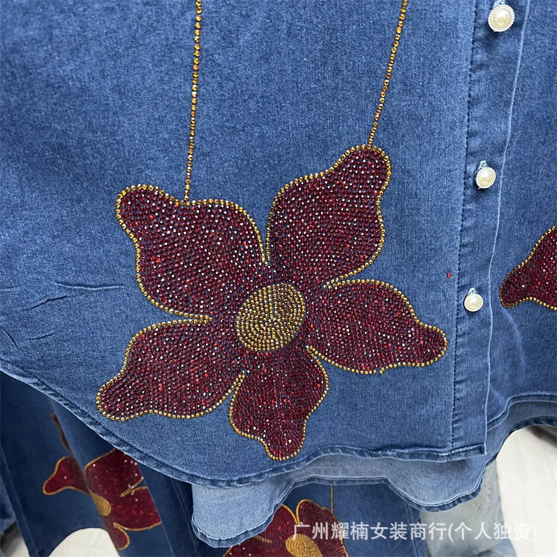 New Autumn Women Denim Sets Red Flowers Hot Diamonds Loose Long Sleeve Cardigans Shirt + Elastic Waist Casual Wide Leg Jeans