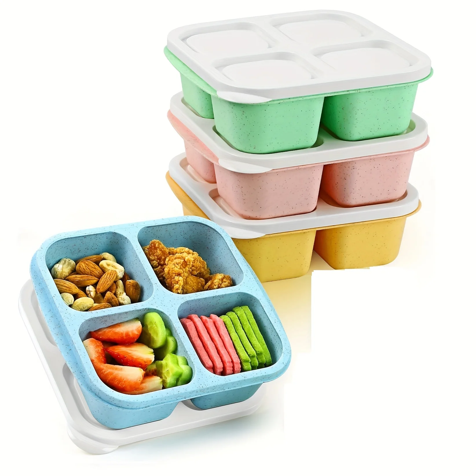 

Bento Lunch Boxes 4-Compartment - 1PC Set, Reusable Snack Containers, Microwave Safe, Plastic & Wheat Straw , Square Shape, Stac