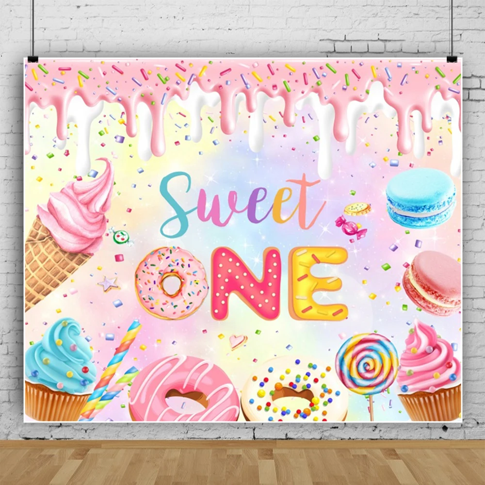 Sweet One Birthday Donut Background Candy Shop Lollipop Cupcake Party Decor Baby Shower Cake Smash Photography Backdrop Supplies