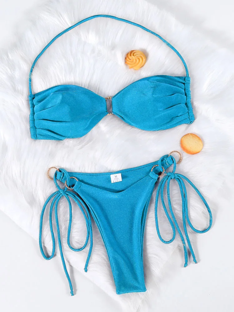 Push Up 2-Piece Bikini Swimsuit Ruffles Bikinis Set Blue Swimwear 2023 Women Bathing Suit Sexy Biquini Mujer Beachwear Summer