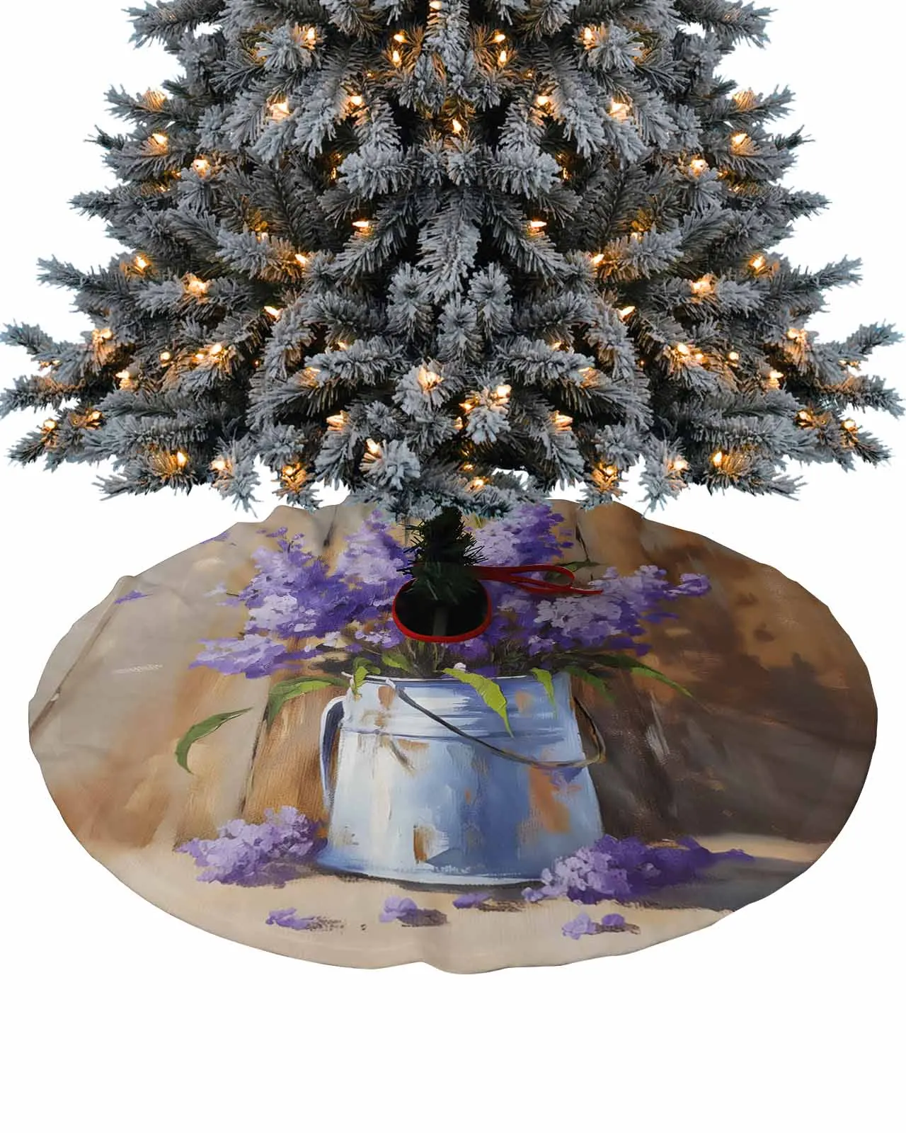 Oil Painting Purple Lavender Iron Bucket Christmas Tree Creative Printed Tree Bottom Decoration Festival Party Tree Skirt