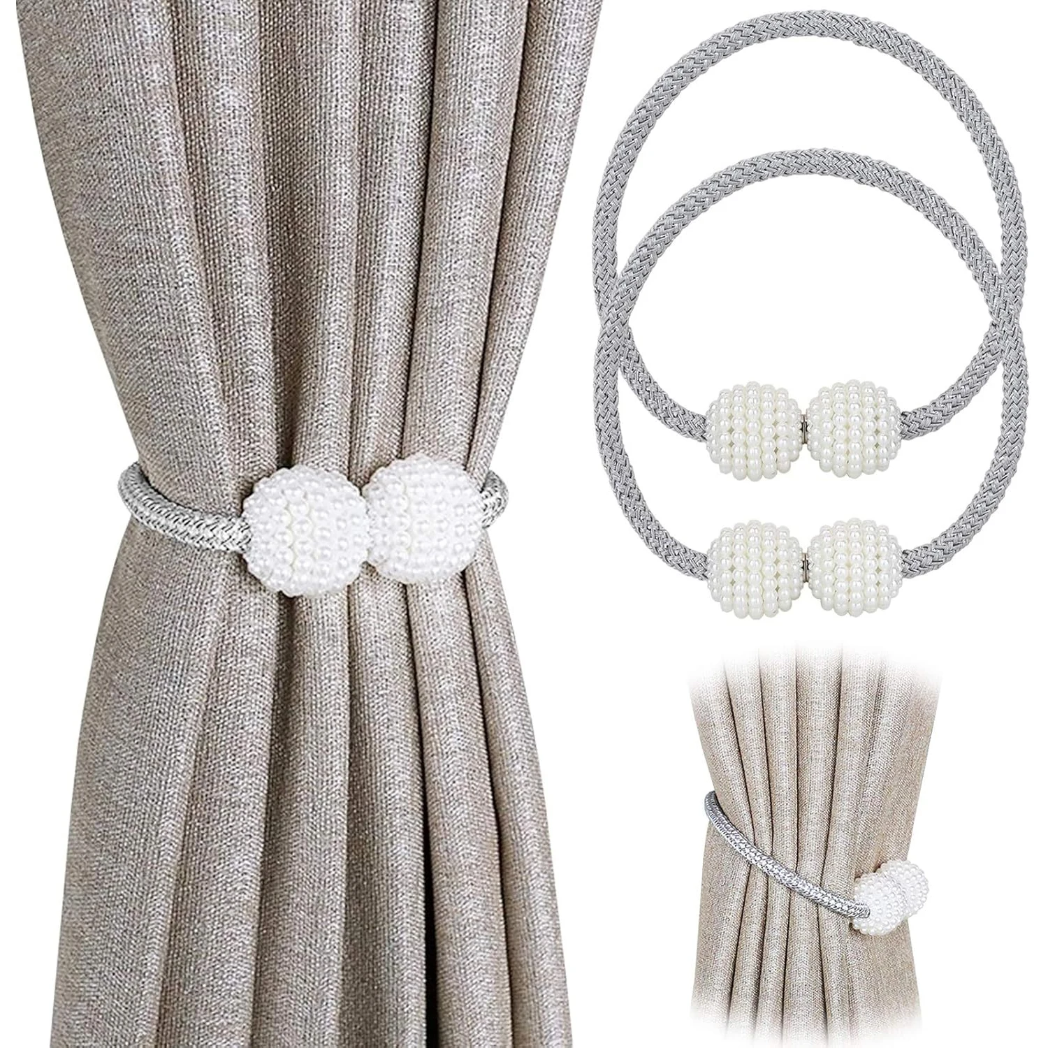 1/2PCS Curtain Buckle Curtain Strap Pearl Buckle Design Curtain Tie Rope Curtain Tiebacks with Strong Magnet Decor Accessories