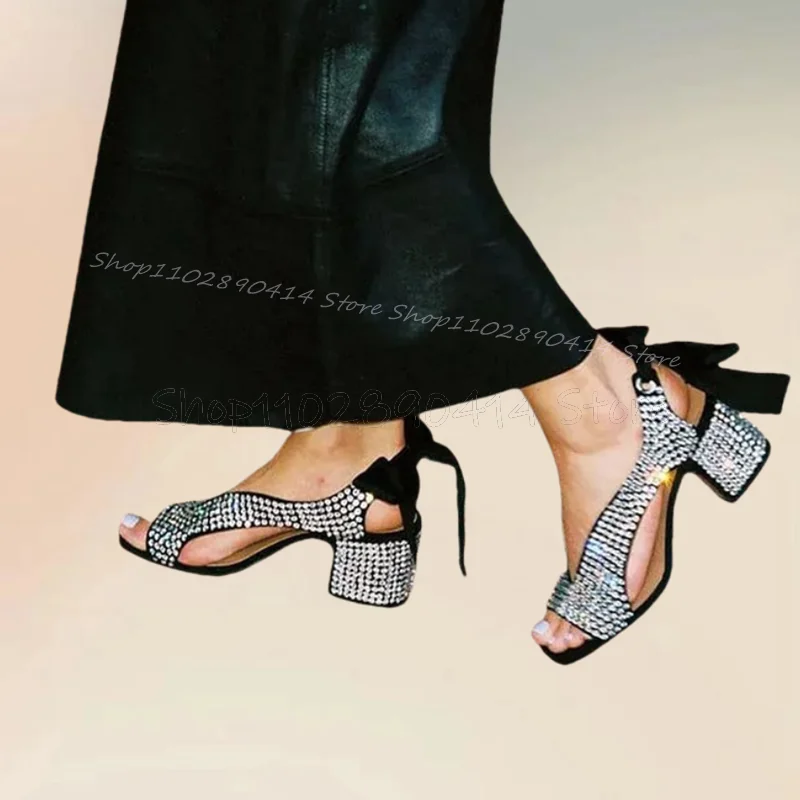 Silver Rhinestone Hollow Design Open Toe Sandals Back Strap Women Shoes Chunky High Heels Party Banquet 2024 Zapatos Para Mujere