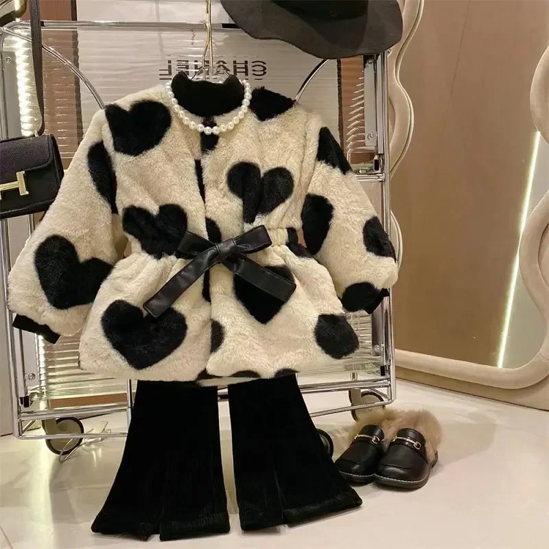 Cow Dot Unhooded Coat 2023 Winter New Top Girls\' Coat Love Clip Cotton Wool Fashion Warm Thickened Cotton Coat